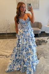 Blue Floral Spaghetti Straps Ruffle High-Slit Prom Dress with Lace Bodice