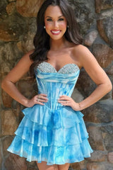 Blue Watercolor Corset Homecoming Dress with Tiered Ruffle Skirt and Beading