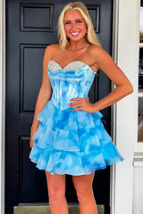 Blue Watercolor Corset Homecoming Dress with Tiered Ruffle Skirt and Beading
