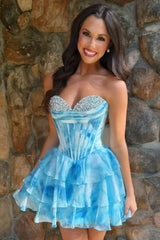 Blue Watercolor Corset Homecoming Dress with Tiered Ruffle Skirt and Beading