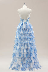 Blue Spaghetti Straps Lace-Up Prom Dress with Floral Tiered Tulle Skirt