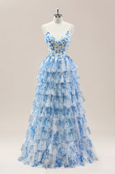 Blue Spaghetti Straps Lace-Up Prom Dress with Floral Tiered Tulle Skirt