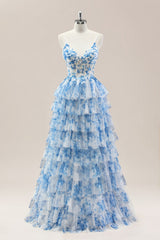 Blue Spaghetti Straps Lace-Up Prom Dress with Floral Tiered Tulle Skirt