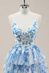 Blue Spaghetti Straps Lace-Up Prom Dress with Floral Tiered Tulle Skirt