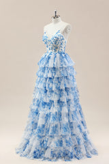 Blue Spaghetti Straps Lace-Up Prom Dress with Floral Tiered Tulle Skirt