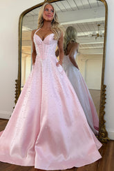 Blush Corset Pearl Ball Gown Prom Dress with Beaded Bodice & Full Skirt