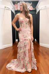 Blush Floral Appliqué Mermaid Prom Dress with Sheer Corset Bodice and High Slit