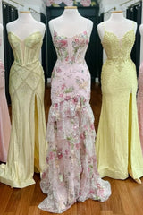 Blush Floral Appliqué Mermaid Prom Dress with Sheer Corset Bodice and High Slit