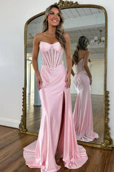 Blush Pink Crystal Beaded Strapless Prom Gown with Corset Bodice & Slit
