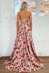 Blush Pink Floral Strapless Corset A-Line Prom Dress with Lace Up Back