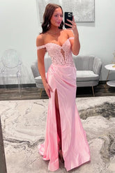 Blush Pink Off-the-Shoulder Lace Corset Satin Prom Dress with High Slit