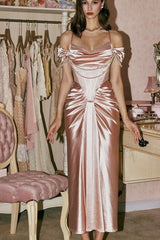 Blush Pink Off-the-Shoulder Satin Corset Prom Dress with Pearl Draping