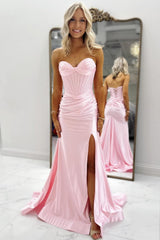 Blush Pink Satin Sweetheart Prom Dress with Corset Bodice and Side Slit