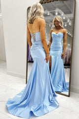 Blush Pink Satin Sweetheart Prom Dress with Corset Bodice and Side Slit