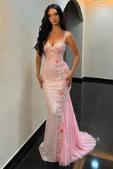 Blush Pink Sparkly Floral Beaded Spaghetti Straps Mermaid Prom Dress