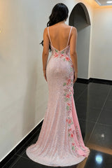 Blush Pink Sparkly Floral Beaded Spaghetti Straps Mermaid Prom Dress