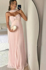 Blush Pink Strapless Knotted Bodice Pleated Maxi Prom Dress