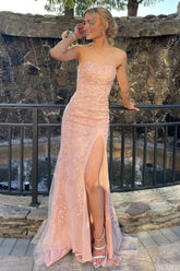 Blush Pink Mermaid Prom Dress with Strapless Lace Bodice and Applique Details