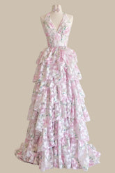 Blush Pink Vintage Floral Halter Neck Ball Gown Prom Dress with Cascading Ruffles