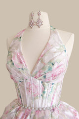 Blush Pink Vintage Floral Halter Neck Ball Gown Prom Dress with Cascading Ruffles