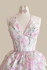 Blush Pink Vintage Floral Halter Neck Ball Gown Prom Dress with Cascading Ruffles