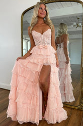 Blush Pink A-Line Lace Corset Prom Dress with Tiered Ruffle Skirt & Slit