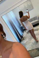 Blush Pink Strapless Lace Homecoming Dress with Satin Bow and Corset Bodice