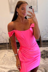 Off-the-Shoulder Satin Bodycon Homecoming Dress with Pleated Detail