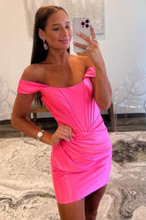 Off-the-Shoulder Satin Bodycon Homecoming Dress with Pleated Detail