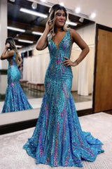 Bold Pink Glitter Mermaid V-Back Long Prom Dress with Patterned Sequins