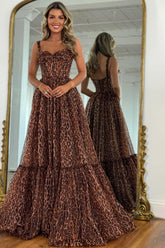 Brown Leopard Print Strappy Prom Dress with Flowing Tiered Train
