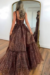 Brown Leopard Print Strappy Prom Dress with Flowing Tiered Train