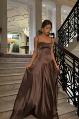 Brown Luxe Silk-Look Long Evening Dress with Fitted Bodice