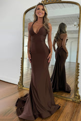Brown V-Neck Cross Back Long Mermaid Prom Dress