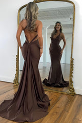 Brown V-Neck Cross Back Long Mermaid Prom Dress