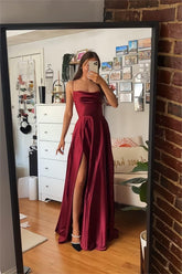 Burgundy A-Line Satin Prom Dress with Spaghetti Straps and Slit