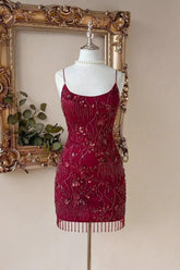 Burgundy Beaded Homecoming Dress with Spaghetti Straps and Fringe Hem