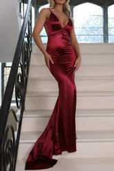 Burgundy Satin Spaghetti Strap Mermaid Prom Dress with Open Back