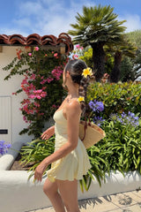 Butter Yellow Ruched Plunging Spaghetti Strap Homecoming Dress