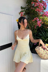 Butter Yellow Ruched Plunging Spaghetti Strap Homecoming Dress