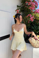 Butter Yellow Ruched Plunging Spaghetti Strap Homecoming Dress