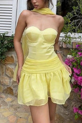 Butter Yellow Strapless Organza Homecoming Dress with Scarf Structured Cups