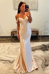 Champagne Fitted Satin Prom Dress with Floral Off-Shoulder Sleeves