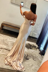 Champagne Fitted Satin Prom Dress with Floral Off-Shoulder Sleeves