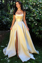 Light Yellow Strapless Satin Prom Dress with Beaded Sweetheart Neckline and High Slit