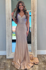 Champagne Sequin Embellished Mermaid Prom Dress with Ruched Open Back