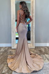Champagne Sequin Embellished Mermaid Prom Dress with Ruched Open Back