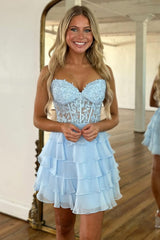 Charming A-Line Sweetheart Lace Top Short Tiered Chiffon Homecoming Dress