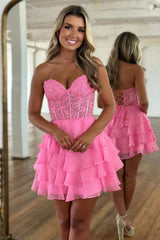 Charming A-Line Sweetheart Lace Top Short Tiered Chiffon Homecoming Dress