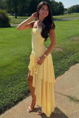Charming Asymmetrical Strapless Blue Long Prom Dress with Ruffles